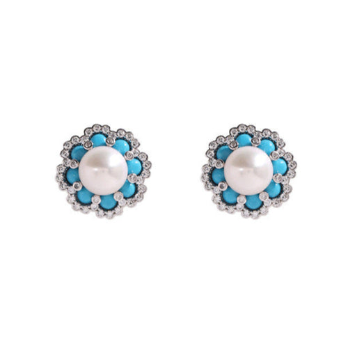 Flower Turquoise Pearl Stud Earrings